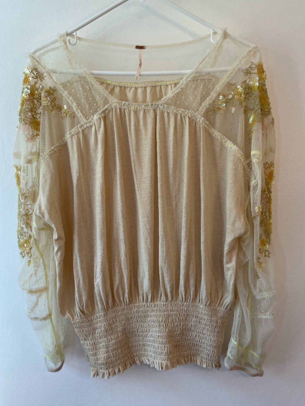 Free People floral sequin/beaded long sleeve cinch stretch top size M
